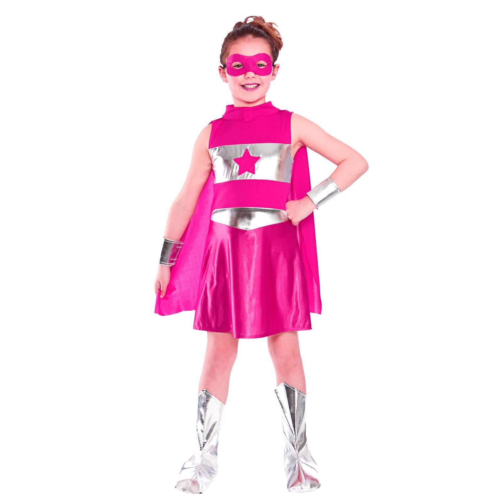 Girls Pink Super Hero Fancy Dress Up Party Costume Halloween Child Cape Age 5-7