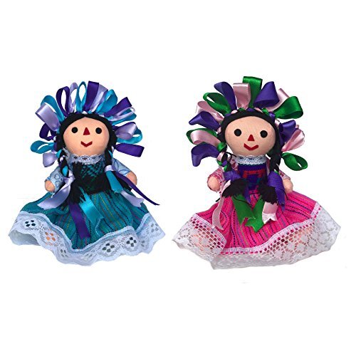 Mexican Handmade Traditional Rag Dolls 2 Pack - 7 inches - Pink & Blue