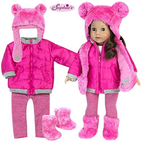 Sophias by Teamson Kids 4 Piece Winter Outfit with Bear Fur Hat Set for 18 Dolls, Hot Pink