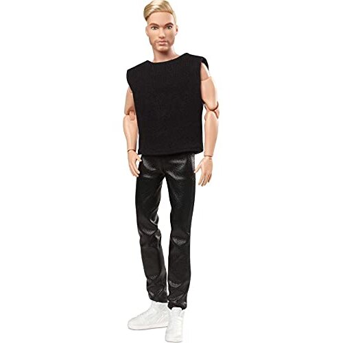 Barbie Signature Looks Ken Doll (Blonde with Facial Hair) Fully Posable Fashion Doll Wearing Black T-Shirt & V