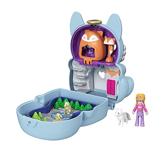 Polly Pocket Flip & Find Arctic Fox Compact, Dual Play Surfaces, Micro Polly Doll, Fox Figure, Surprise Reveals,Gift for Ages 4Y+, GTM57