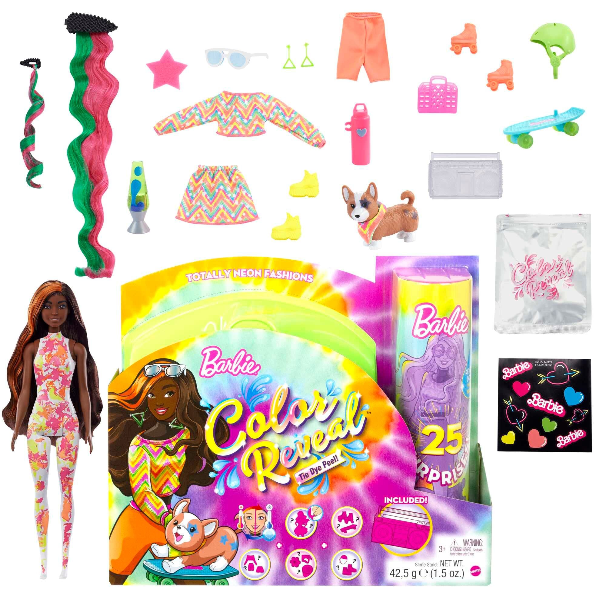 Barbie color Reveal Totally Neon Fashions Doll with Orange-Streaked Brunette Hair & 25 Surprises Including color change, gift for Kids