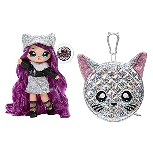 Na Na Na Surprise Glam Series Chrissy Diamond Fashion Doll & Metallic Cat Purse, Purple Hair, Cute Kitty Ear Hat Outfit & Accessories, 2-in-1 Gift for