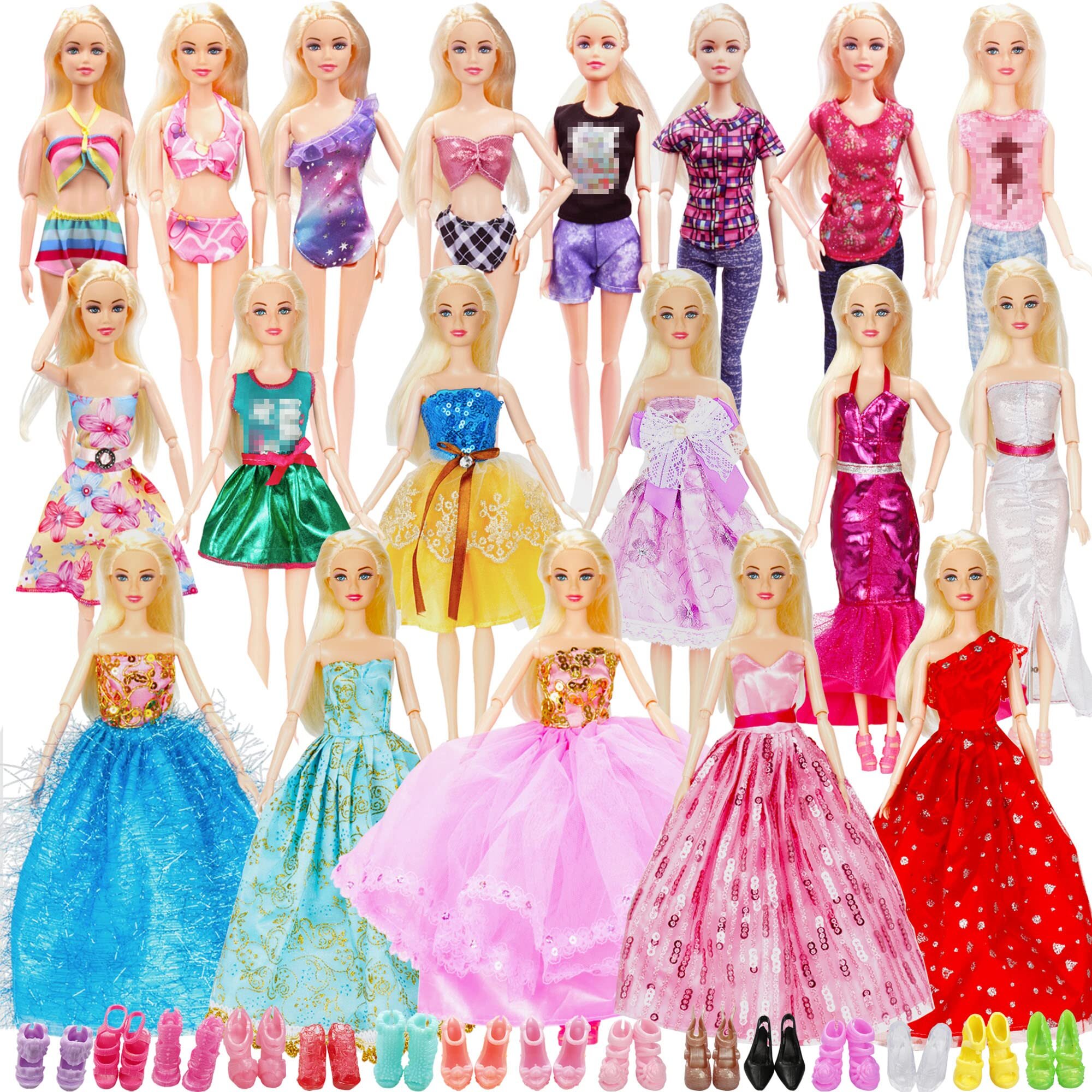 36 Pack Doll clothes and Accessories - 1 Princess Dress 5 Fashion Dress cloth 3 Top and Pants 3 Bikini Swimsuits 10 Shoes 14 Other Doll Accessories Si