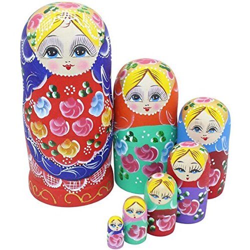 Set of 7 Pieces Beautiful Lovely Wood Red Flower Girl with Blue Scarf Traditonal Russian Nesting Dolls Matryoshka Wishing Dolls Toy Gift Home Room Dec