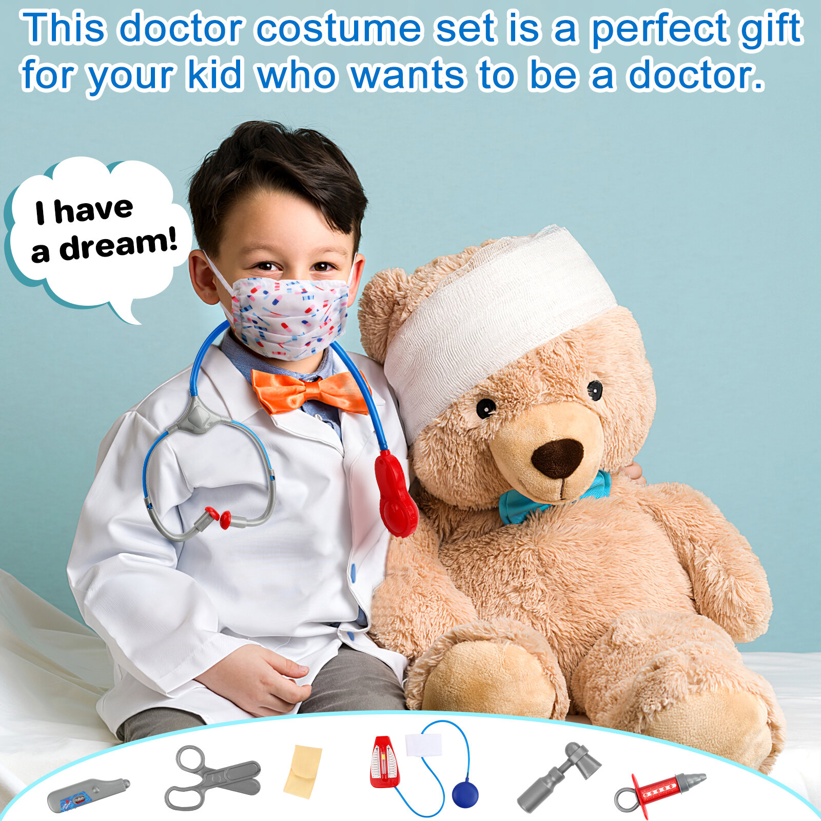 deAO Pretend Doctor Role Play Fancy Dress Up Costume Set for Kids Medical Play Educational Toy for Kids Gifts for Xmas Birthday  Costume-PC-WDOC