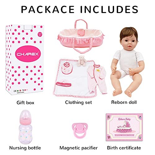 CHAREX Reborn Baby Doll Handmade Lifelike Realistic Vinyl Girl Doll, 18 inch Weighted Soft Body Toy Gift Set