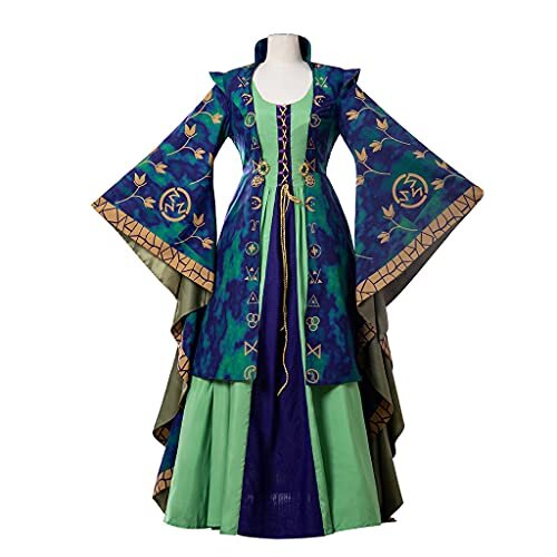 Women Medieval Witch Cosplay Costume Dress Green Witch Robe Dress Halloween Carnival Costumes