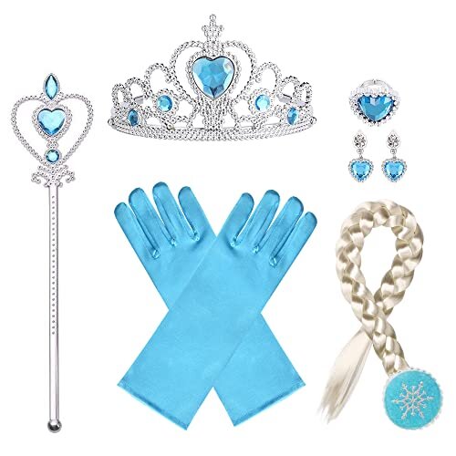 URAQT Elsa Dress Up Accessories Set, Include Elsa Crown Tiara, Fairy Wand, Gloves, Wig, and Earring, Elsa Princess Dress Up for Girls Party, Cosplay