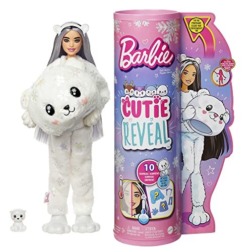 Barbie Cutie Reveal Snowflake Sparkle Series Doll with Polar Bear Plush Costume & 10 Surprises Including Mini Pet & Color Change, Gift for Kids 3