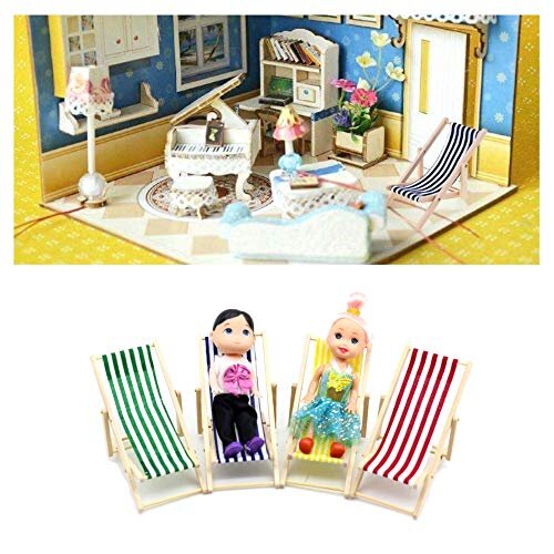JZK 4x Mini wooden dolls house furniture accessories deck chair dolls beach chair for indoor outdoor garden seaside beach