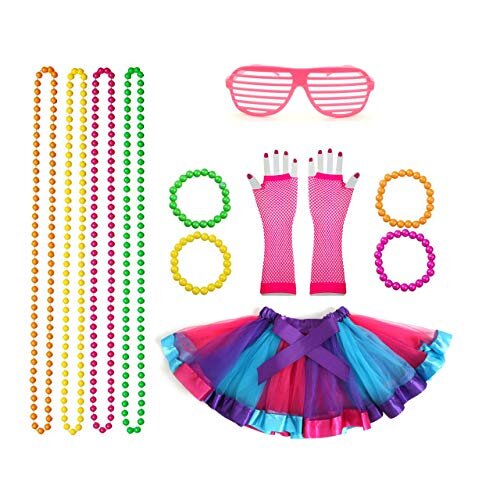 Rpanda 80s Girls Kids Neon Tutu Fancy Dress Outfit Complete Set, 80s Fancy Dress Party Costume Accessories with Fishnet Gloves Necklace Beads and Neon