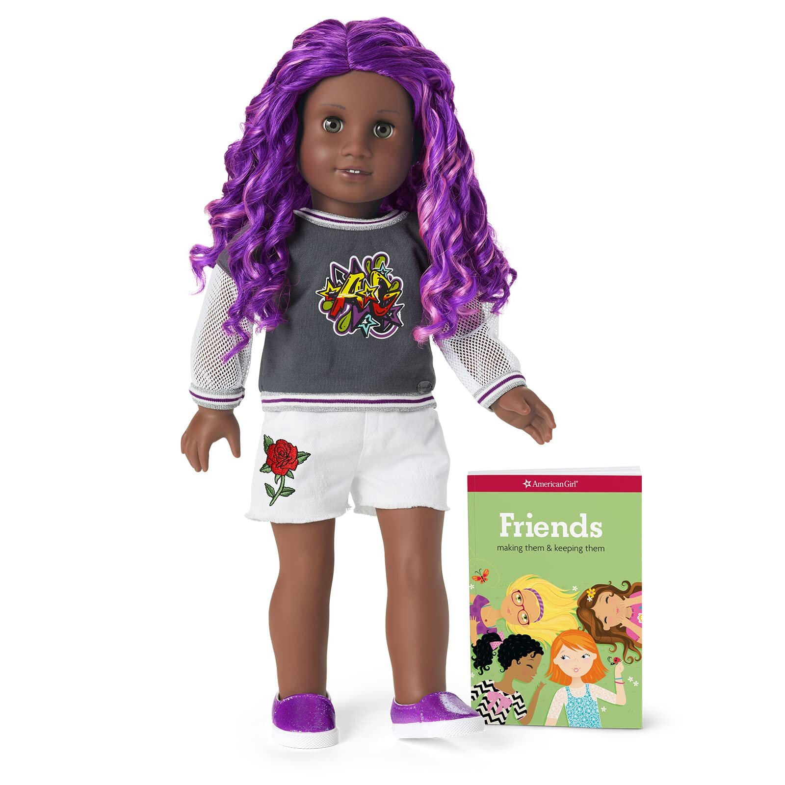 American Girl Truly Me 18-Inch Doll #91 With Gray Eyes, Curly Purple Hair, And Very Deep Skin With Neutral Undertones In Girly Graffiti Outfit