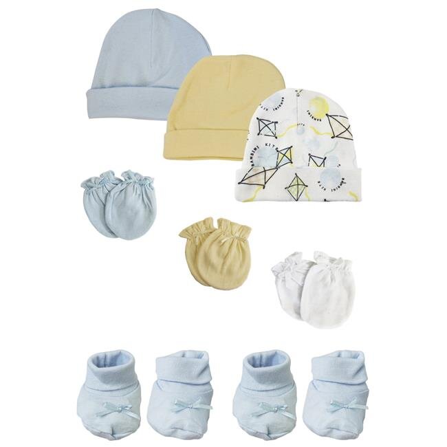 Bambini NC-0219 Baby Boy Caps with Infant Mittens & Booties, White & Blue - Preemie - Pack of 8