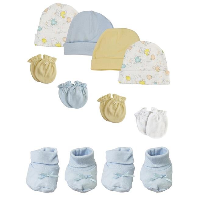 Bambini NC-0206 Baby Boy Caps with Infant Mittens & Booties, White & Blue - Preemie - Pack of 10