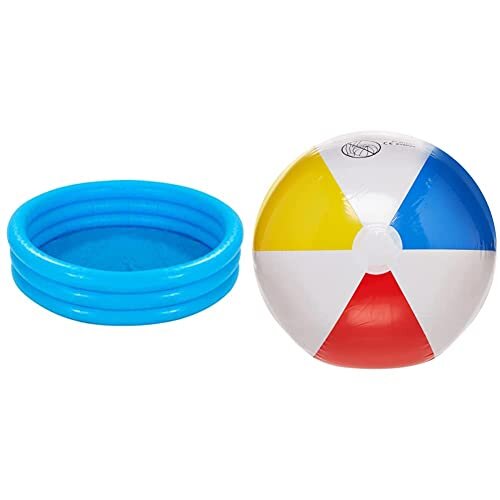 Intex 59416NP Crystal Blue Three Ring Inflatable Paddling Pool 1.14m x 25cm & Glossy Panel Ball - Inflatable Water Ball / Beach Ball - Diame