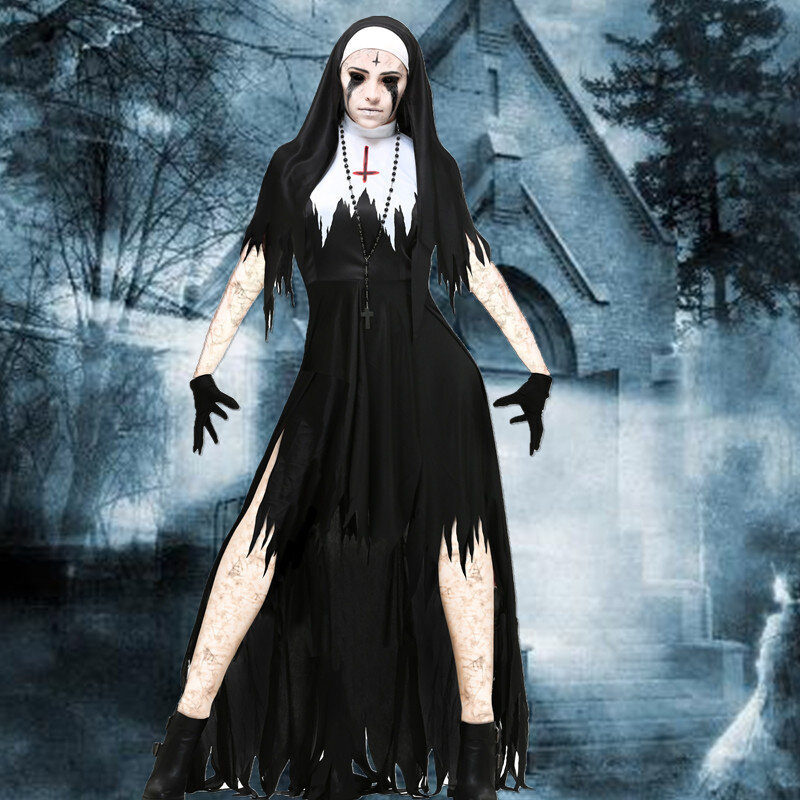 Ladies Nun Dress Womens Cosplay Scary Zombie Vampire Halloween Costume  Outfit