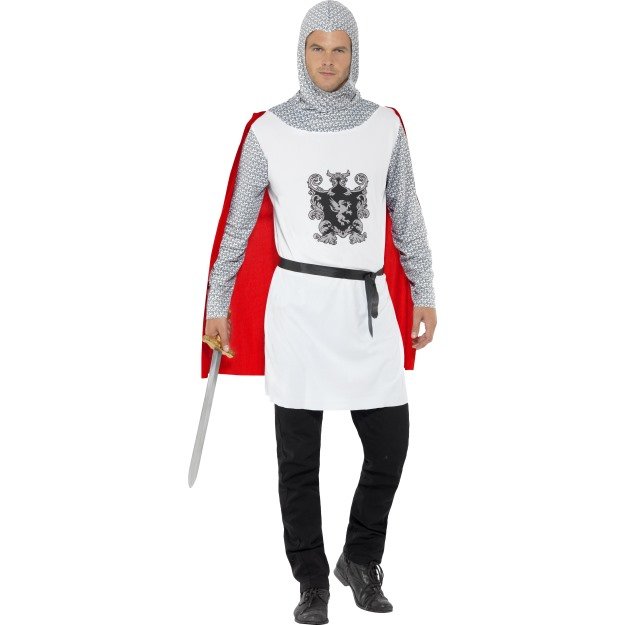 Smiffy's Men's Knight Costume, Tunic, Belt And Hood, Size: M, Colour: White, -