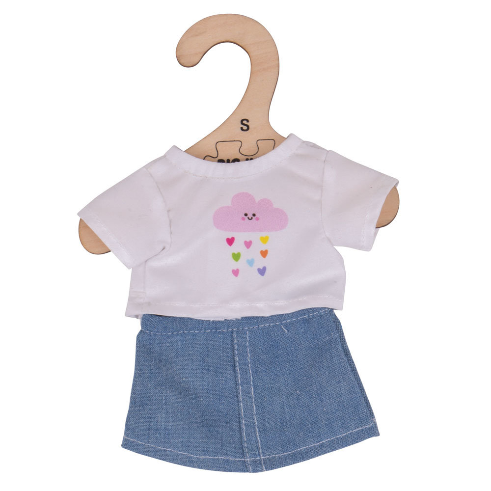 Bigjigs Toys White T-Shirt and Denim Skirt (for Size Small Doll) - FOR BIGJIGS TOYS DOLLS ONLY